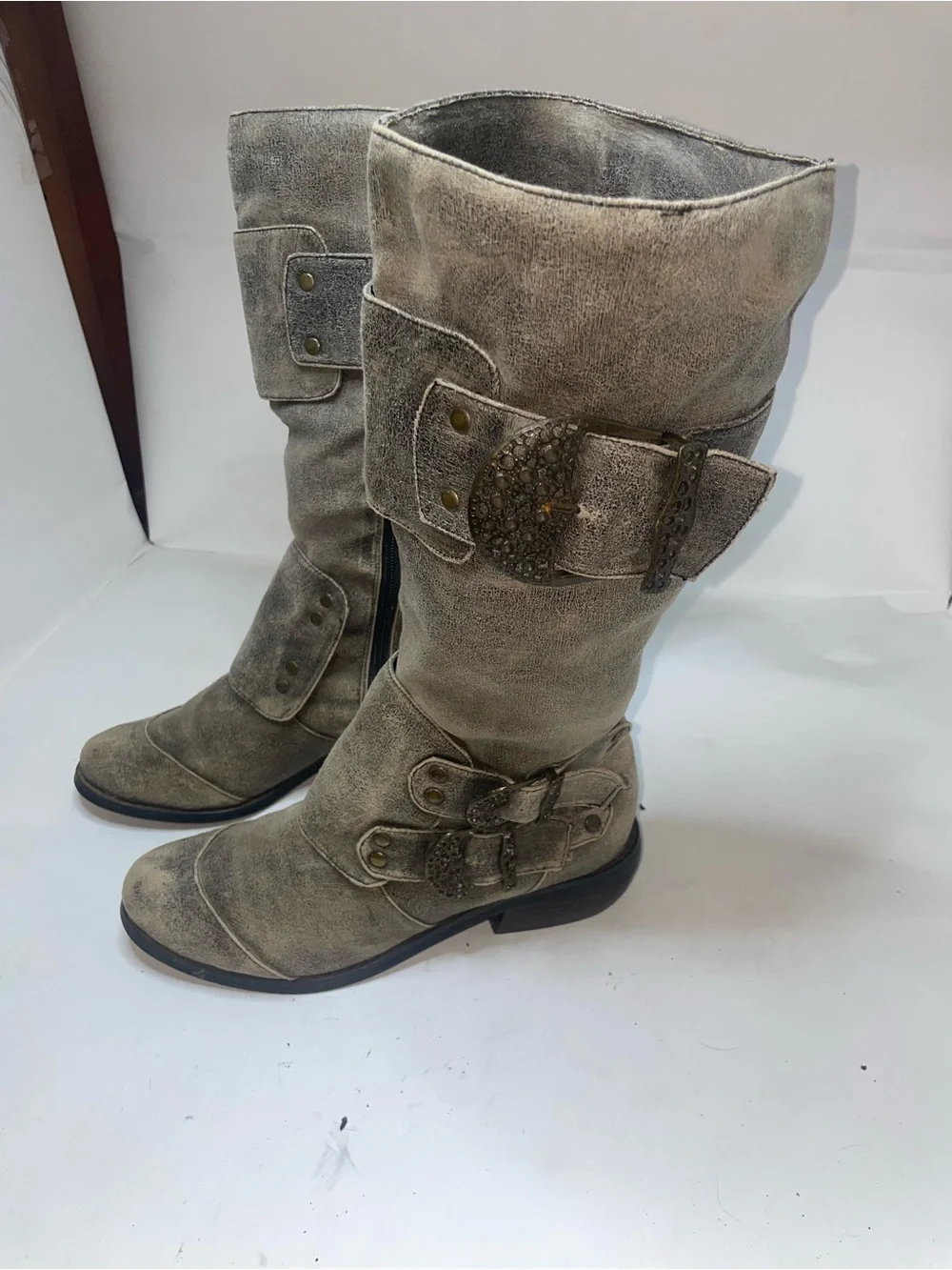 Two Lips Distressed Grey Suede feel 14” tall Buckle Boots